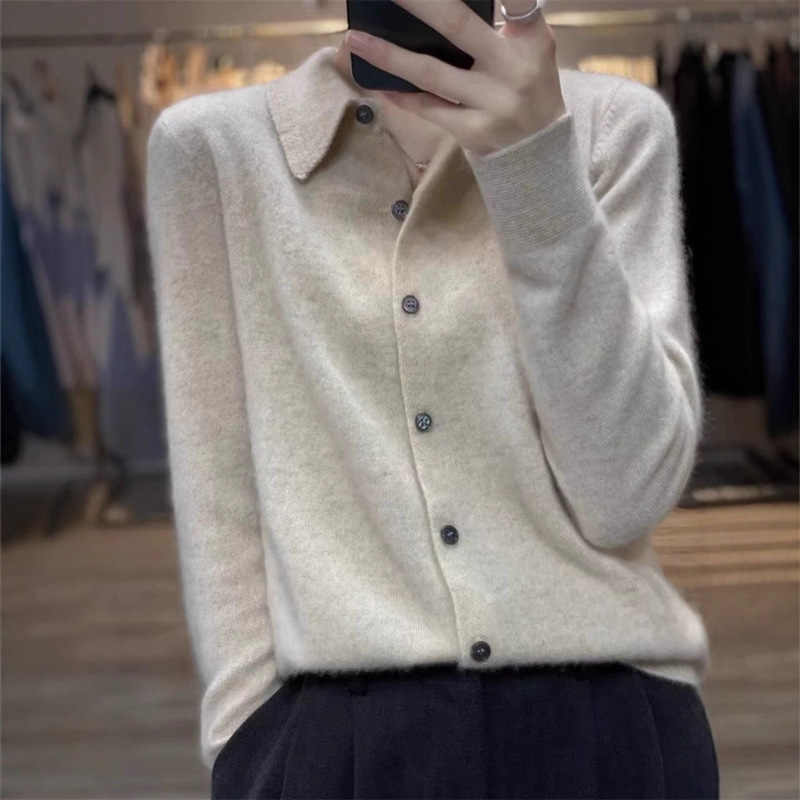 Spring Style 100 Cashmere Knitwear Women's Cardigan Shirt Collar Exquisite Polo Collar Long-Sleeved Knitwear Wool Bottoming Knitwear