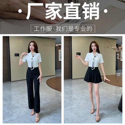 Summer College Style Fitted Slimming White Short Sleeve Foot Massage Therapist Work Uniform Shirt for Women + Pleated Skirt 102