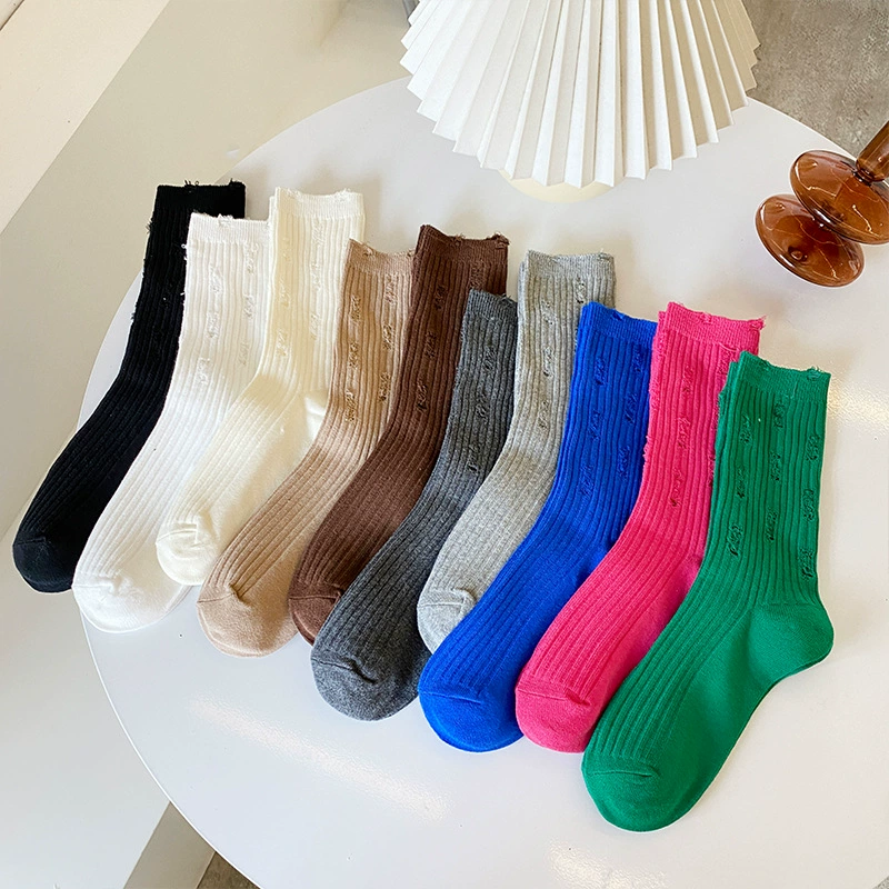 Персонализированные рваные Носки ярких цветов с двойной иглой, хлопковые носки, модные носки для нищих, женские универсальные чулки