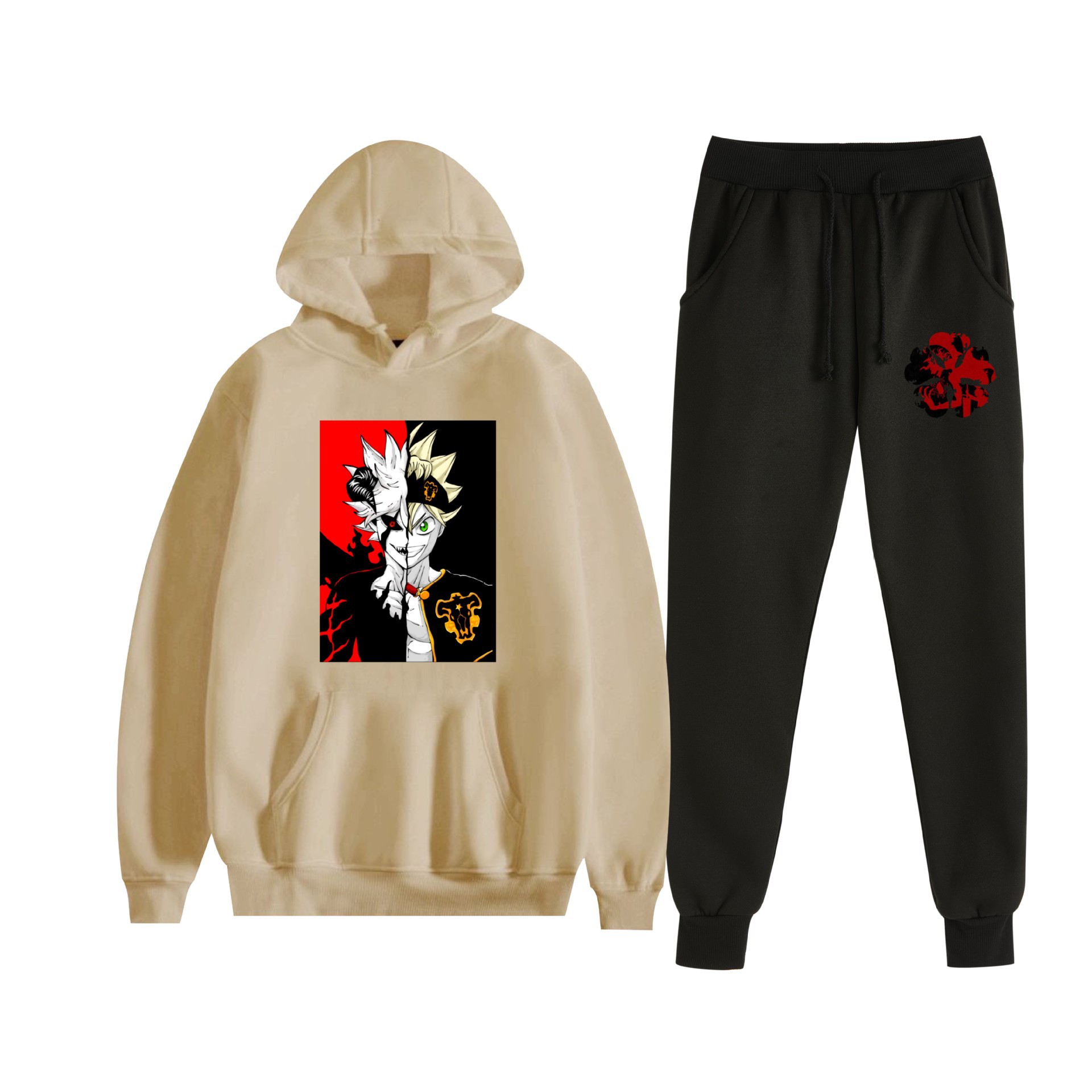 Europa y América otoño e invierno negro trébol de cuatro hojas periférico bidimensional hombres y mujeres deportes de ocio más suéter con capucha de terciopelo traje al por mayor