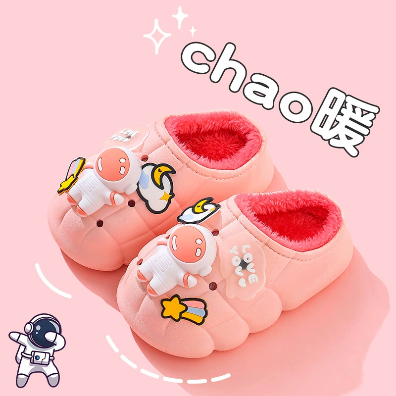 Детские хлопковые тапочки зима 2024, новый стиль, для мальчиков и девочек, нескользящие, водонепроницаемые, теплые, на флисовой подкладке, домашняя обувь для малышей