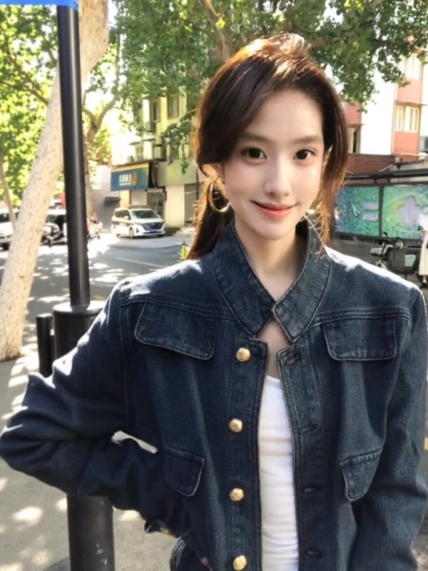 Retro short denim autumn demi-season design jacket