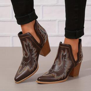 H 25879LEmbroidered block heel leather boots �̽��ָ�Ƥѥ��