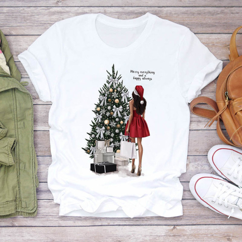 Fashionable Cartoon Christmas Reindeer Print European and American Style Loose Fit European Size Women's T-Shirt