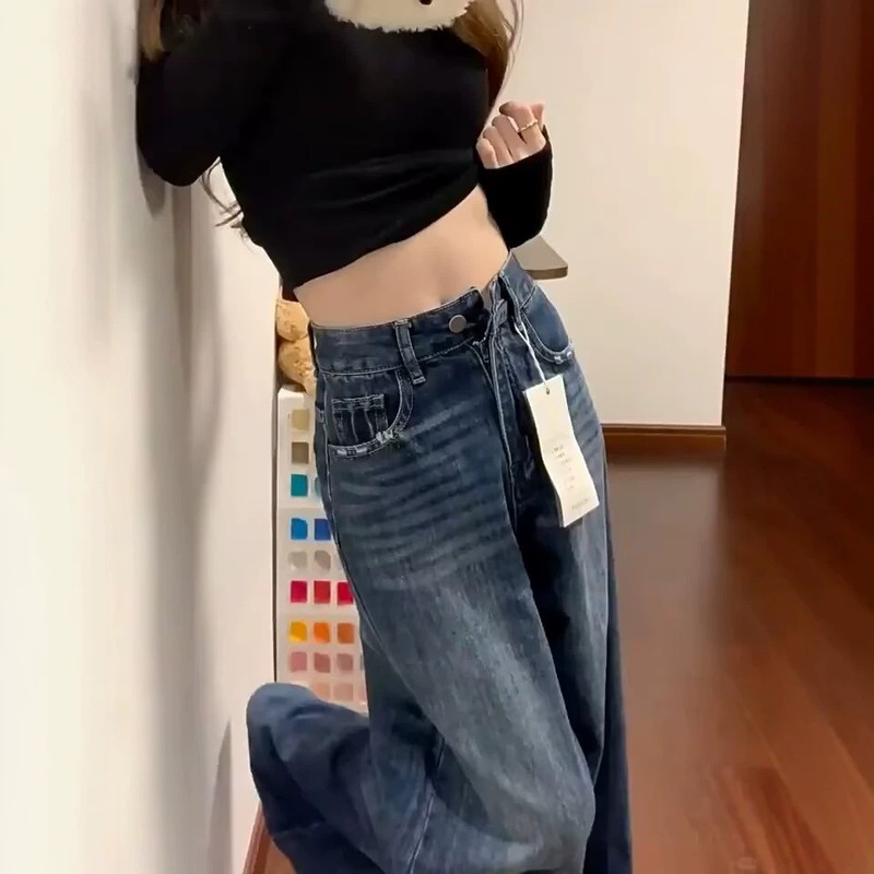 Blue-gray high-waisted straight-leg jeans for women, new spring/autumn collection, plus-size, designed for pear-shaped figures, loose fit, and slimming effect