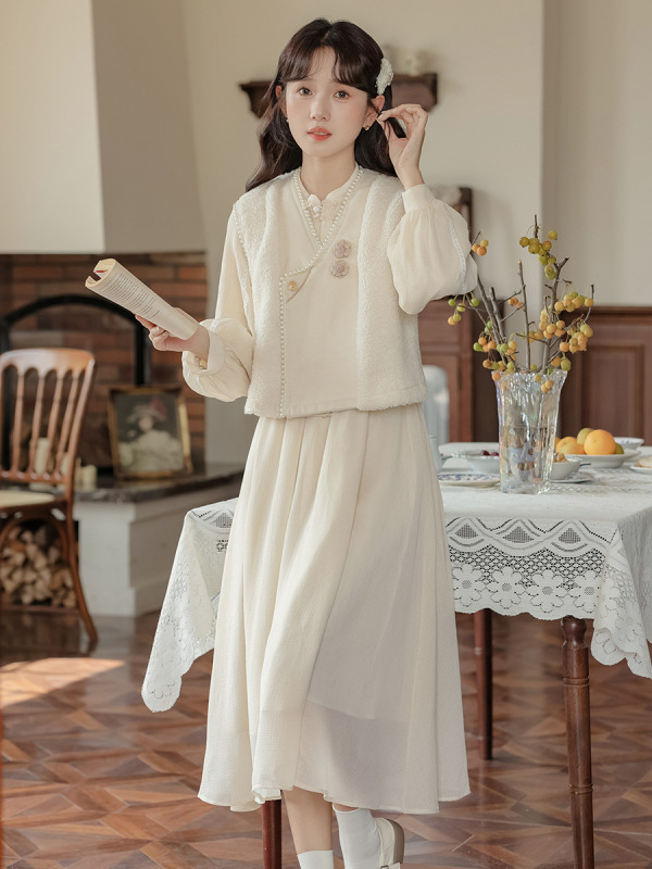 钉珠马甲叠穿连衣裙两件套女温柔优雅高腰少女感蕾丝拼接长裙套装|undefined