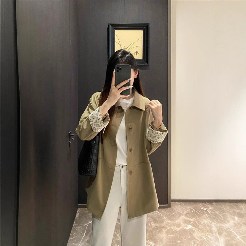 Island Country Imported Teijin Shurouta Barn Style Lace Sleeve Mid-Length Lapel Windbreaker Jacket Autum Outwear for Women
