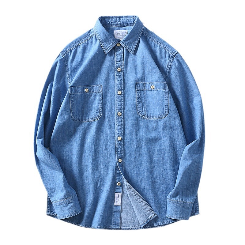 Camicia da uomo a maniche lunghe in puro cotone slub, stile casual europeo e americano, semplice, in denim di cotone._voghion.com