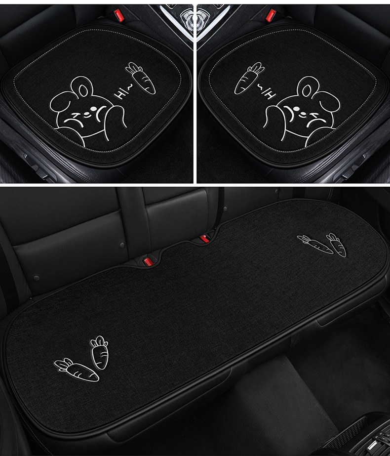 Car Seat Cushion, Universal for All Seasons, Linen Fabric, Cartoon Three-Piece Set, Single-Piece Cotton Seat Cushion, Non-Slip Rear Seat Long Cushion