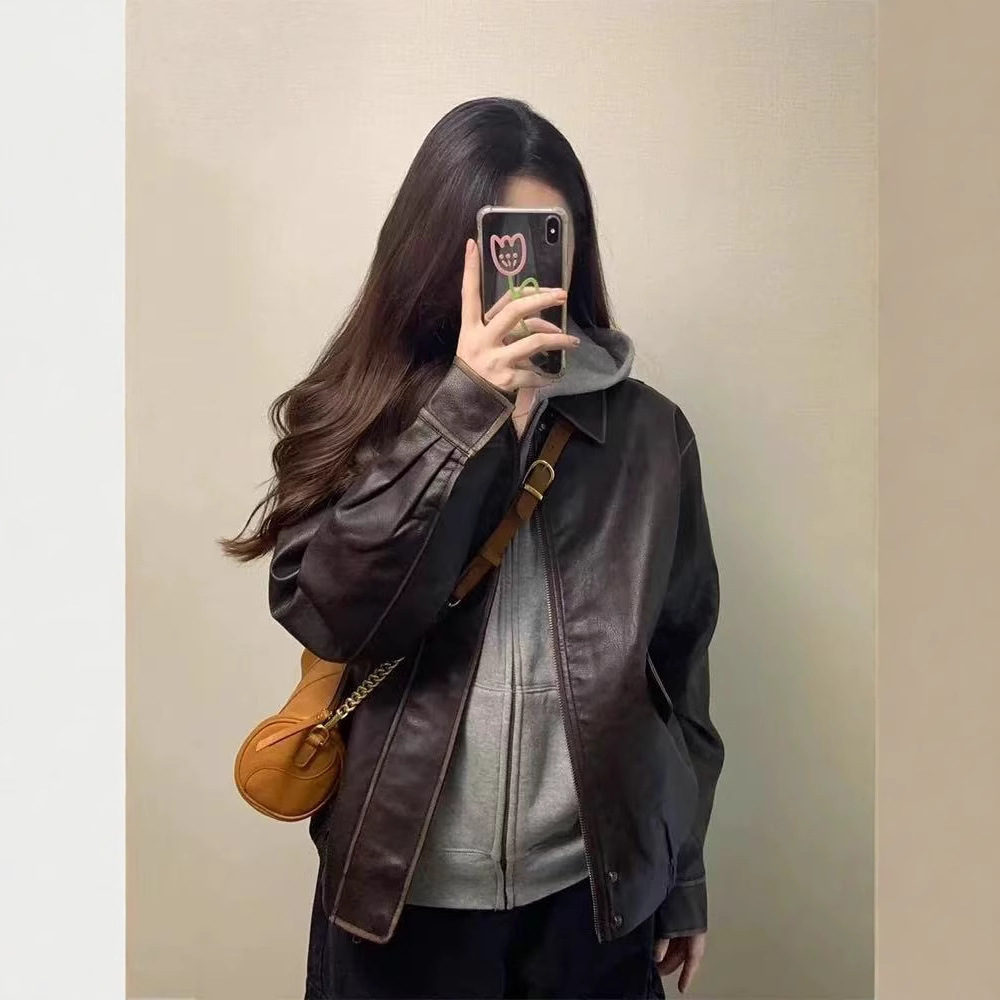 Brown Leather Jacket for Women, New Versatile Jacket for Spring and Autumn, High-End Short Style for Petite Figures, Trendy Popular Item This Year