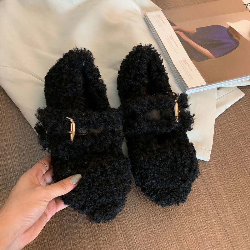 Tamanho grande sapatos peludos para outono e inverno exterior usar nova sola plana internet celebridade encaracolado mais gorro de veludo única mulher_voghion.com