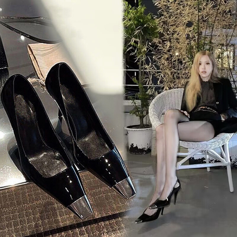 Rose Park Caiying High Heels Women's Patent Leather Black Iron Toe Women's Shoes Stiletto Heel Sexy Square Toe Sandals