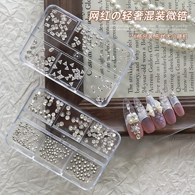 Celebridades de Internet de lujo ligero 5A joyería de uñas de alta calidad de alta transparencia plata y blanco chapado en el fondo circonita de punta redonda caja de subensamblaje de 6 compartimientos uñas DIY