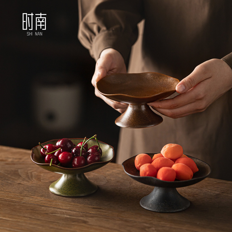 窑变中式高脚茶点盘小精致陶瓷水果盘复古茶室干果零食点心托盘|undefined