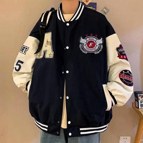 Autumn Baseball Jacket with Embroidered Letter Print Men's Loose Couple's Outfit Youth Student Long-Sleeve Jacket