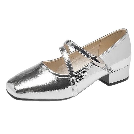 2026 verano nuevo zapatos de tacón alto, zapatos de cuero de tacón grueso plateado francés de alta calidad, zapatos de mujer Mary Jane