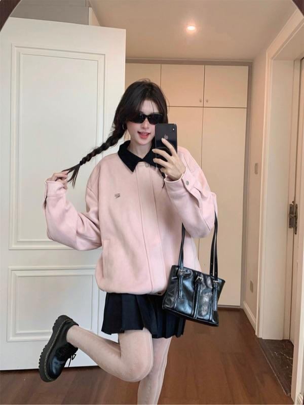 甜美风粉色翻领休闲夹克上衣女早秋小众设计感宽松美式棒球服外套|undefined
