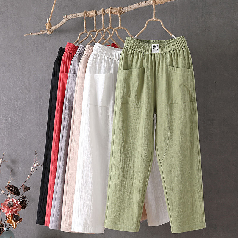 Cotton and Linen Casual Pants for Women 2024 New Pants Korean Style Loose Slimming Look Straight Pants Summer Thin Nine-Point Harem Pants