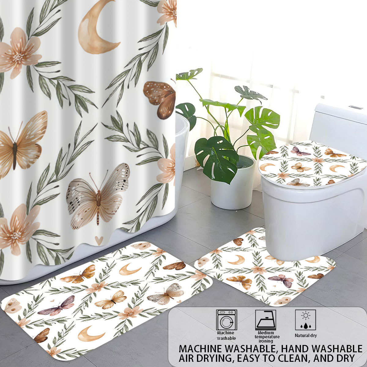 Cortina de baño de cuatro piezas de poliéster impresión digital 3D mariposa sin perforación separación seca y húmeda cortina de baño impermeable image 3
