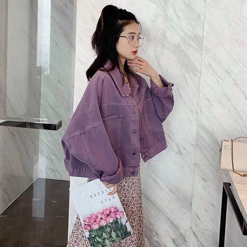 复古港味紫色长袖牛仔外套女秋季2024年新款韩版宽松显瘦短款上衣