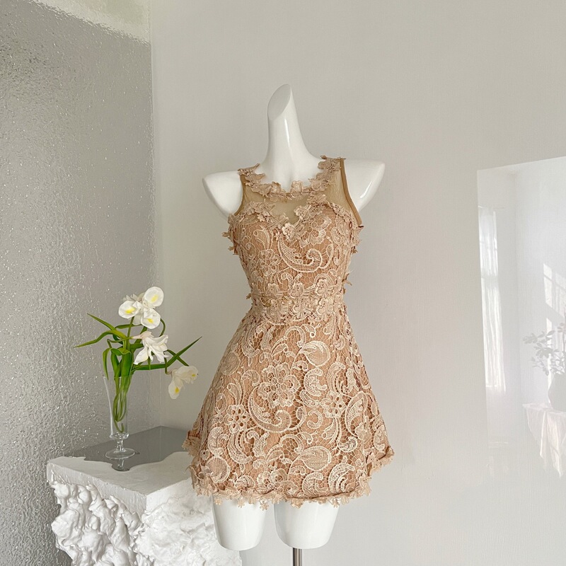 In Stock Fay Champagne Sweet Dream Fashion High-End Sleeveless Elegant Ladylike Lace Dress