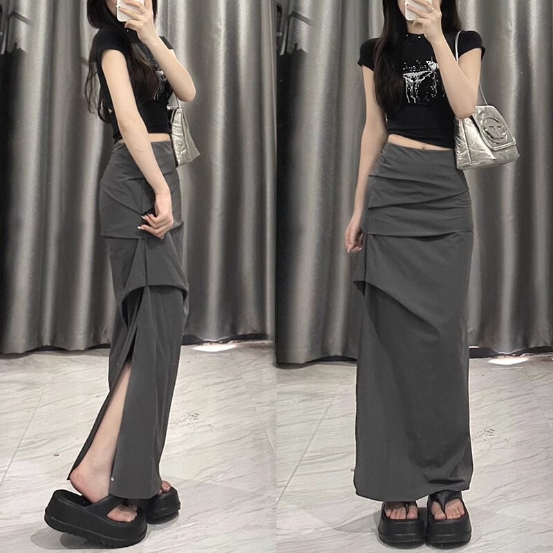 Cross-Border Export Design-Inspired Gray Skirt for Women, New Summer Style, High-Waisted, Slimming A-Line, Mid-Length, Bodycon Skirt Cross-Border Export Design-Inspired Gray Skirt for Women, New Summer Style, High-Waisted, Slimming A-Line, Mid-Length, Bodycon Skirt
