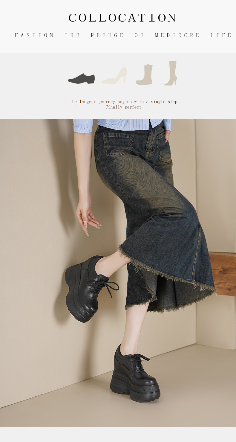 Giày sneaker nữ chunky đế dày da bò tăng chiều cao phong cách thể thao — Màu đen, Màu trắng chi tiết 2