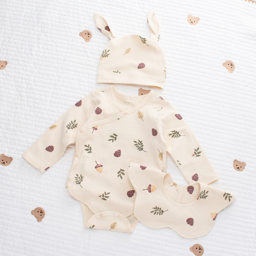 Newborn Baby Spring Pure Cotton Pajama Set Nordic INS Style Acorn Full Cotton Triangular Top Bodysuit Infant Boneless Climbing Suit
