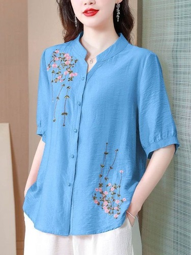Mom Embroidered Short Sleeve Cotton Linen Women's 2025 Summer Loose Cover Belly Fashionable Plus Size Shirt