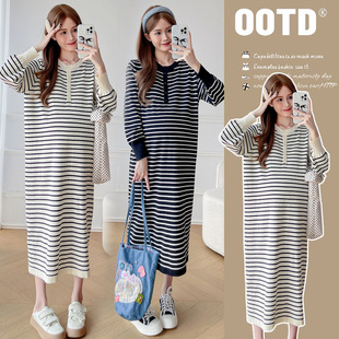 Real shot 2024 pregnant women autumn plus size casual striped dress fashion loose slim temperament pregnant women skirt