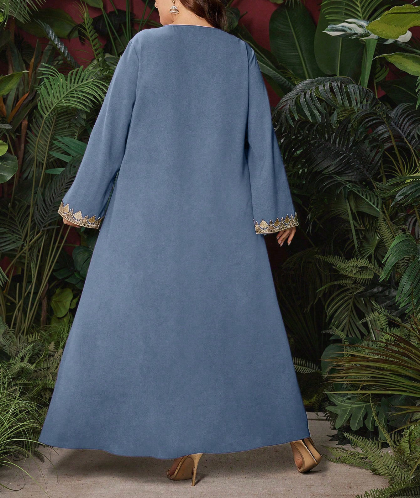 Ethno-Stil Damenkleid mit Stickerei, V-Ausschnitt, langen Ärmeln, lockerem Maxirock, Übergröße, exotische Herbstmode_voghion.com