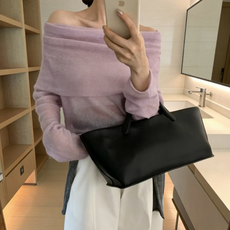 Real Shot~2026 Spring Collection Korean Dongdaemun Women's High-End Candy-Colored Off-Shoulder Knit Top for Women
