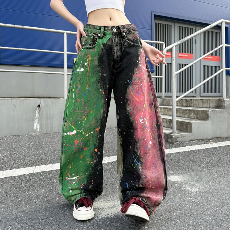 American Street Style Colorful Splatter Ink Jeans for Men, Gradient Vintage Washed Loose High Street Wide-Leg Curved Pants for Men and Women American Street Style Colorful Splatter Ink Jeans for Men, Gradient Vintage Washed Loose High Street Wide-Leg Curved Pants for Men and Women