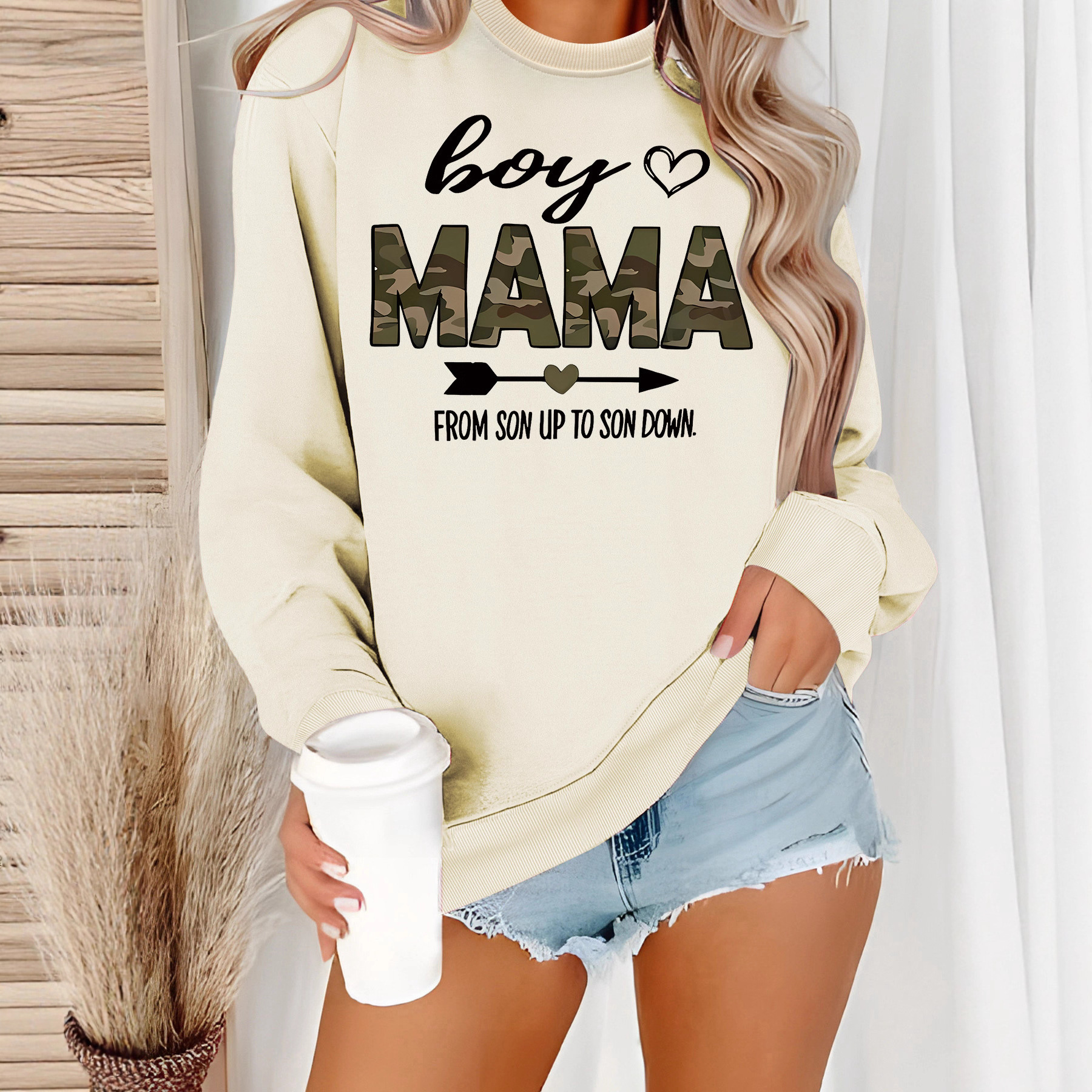 亚马逊跨境外贸长袖圆领衫“男孩妈妈”心形图案印花宽松女士卫衣