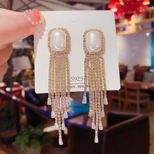 S925銀針輕奢滿鑽流蘇耳環韓國氣質網紅珍珠耳釘歐美個性誇張耳飾