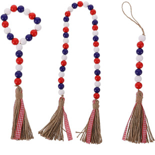 American Independence Day Wooden Bead Hanging Decorative Plaid Tassel Beaded American Flag Five-pointed Star Hanging Garnish Door Hanging