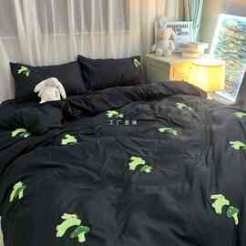 Y8Zins绿色小兔兔水洗棉刺绣床上四件套黑色被罩床单1.5m1.8三件