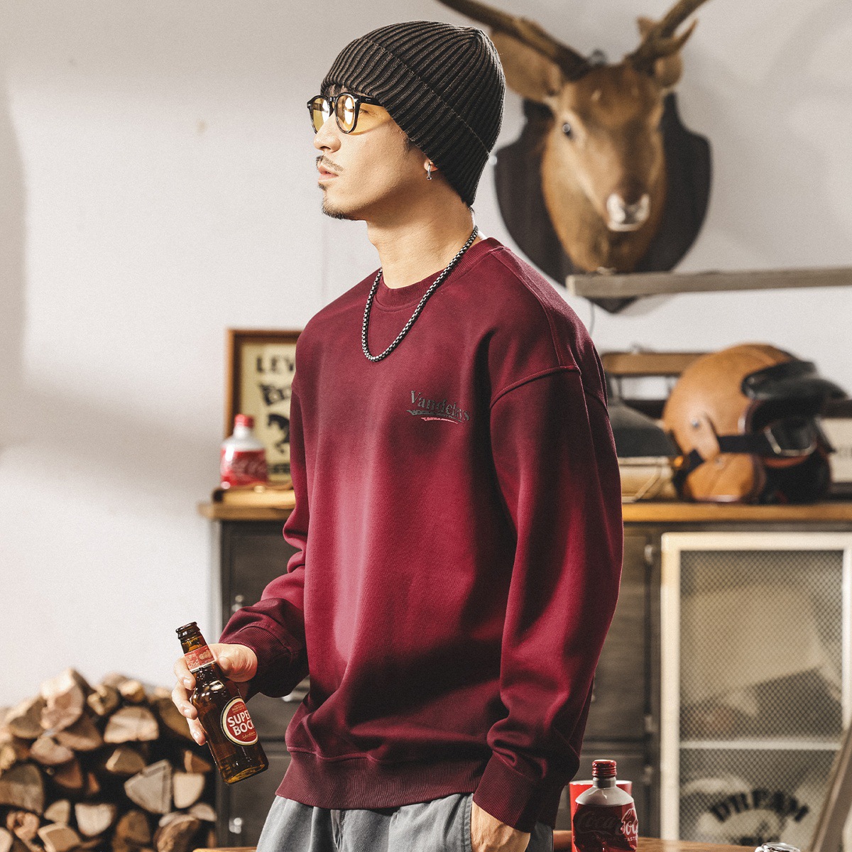 Ankela Rotes, schweres Sweatshirt mit Rundhalsausschnitt für Herren, neue Frühjahr- und Herbstkollektion, amerikanischer Retro-Trend, leicht gefärbt, lockere Passform, Plus-Size-Passform_voghion.com