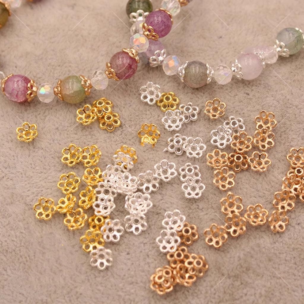 14k包金保色蕾丝花托6mm珠托diy饰品手工材料镂空六瓣花帽托珠托