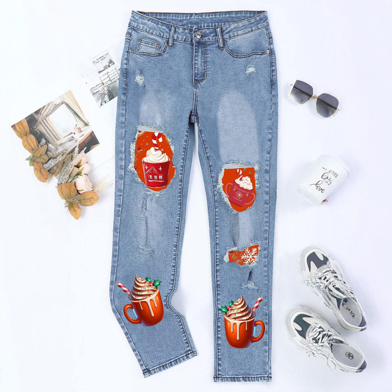 European and American Cross-Border Amazon Independent New Ripped Printed Casual Straight Mid-Waist Women's Washed Jeans