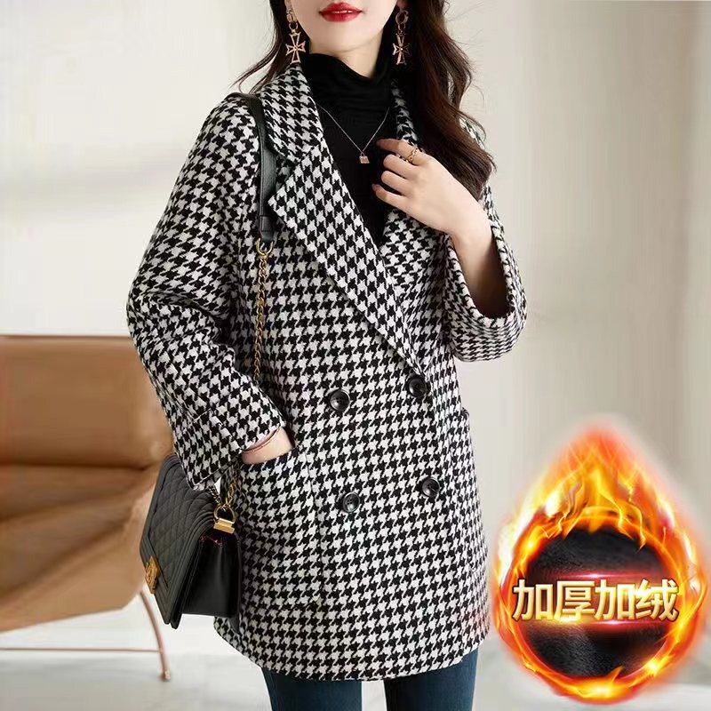 Korean Style Houndstooth Woolen Coat for Women 2026 New Model Ladylike Lazy Style Loose Slimming Casual Coat