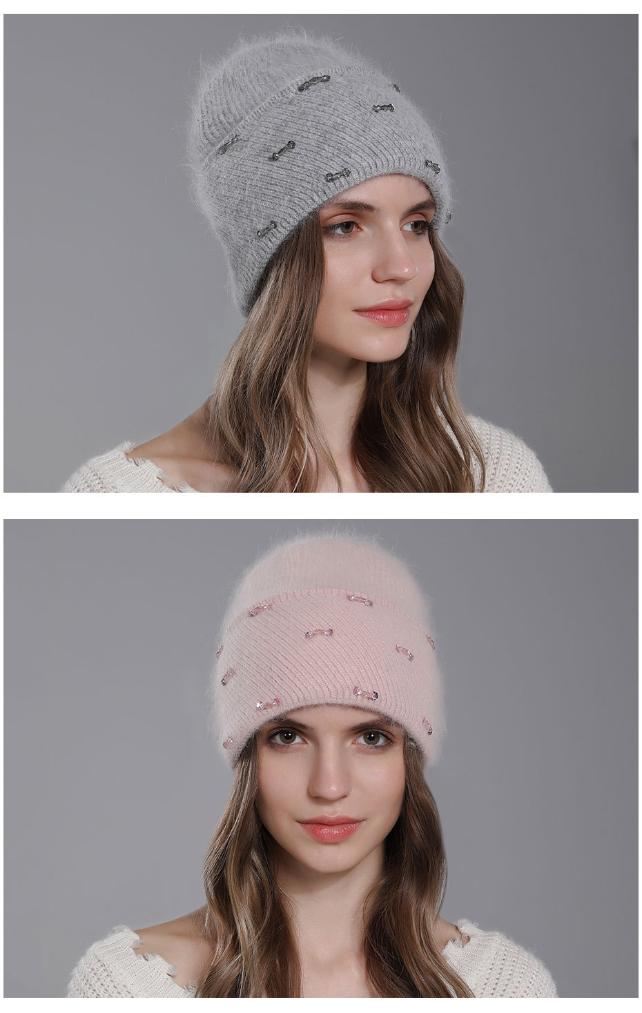 Poils de lapin tricotés pour enfants, mode chaude d'hiver. La laine est polyvalente pour les femmes avec des bords retournés et un double pli_voghion.com
