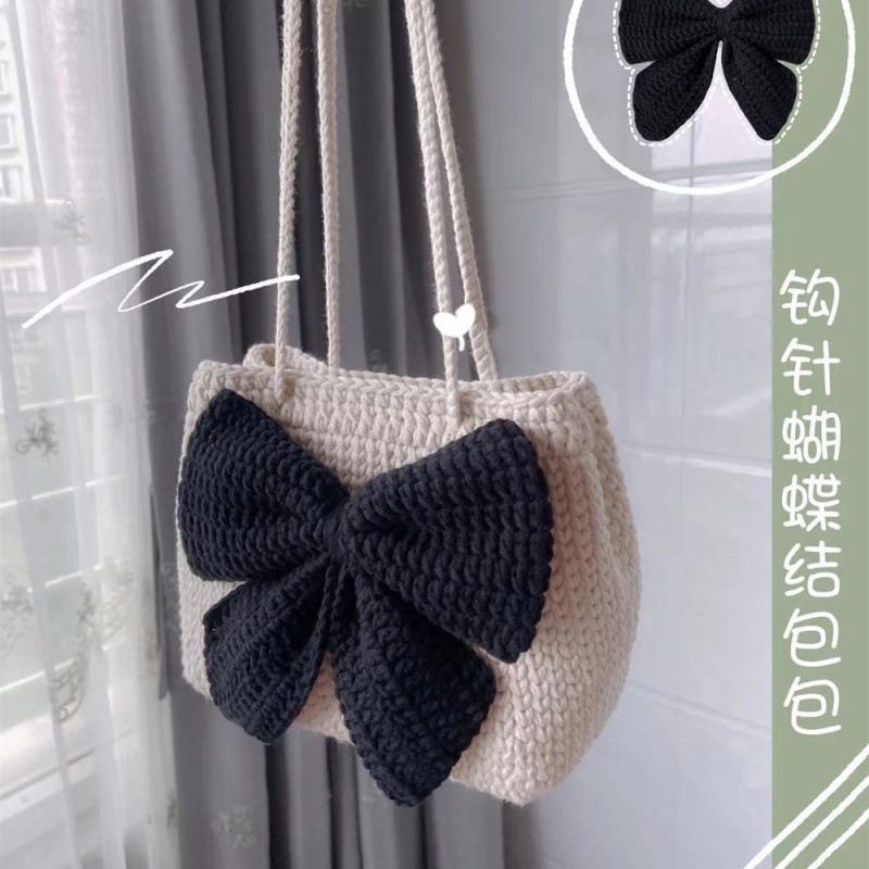 蝴蝶结手提包手diy材料包毛线编织钩针单肩包斜挎包网格包送女友