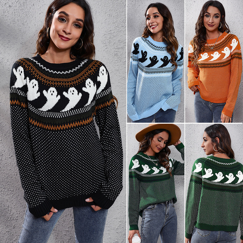 SMT Explosions Halloween Ghost Retro Wave Point Long Sleeve Knitted Sweater Women's Loose Autumn and Winter European and American Cross-border Women's Clothing