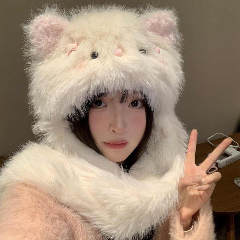 겨울 여성 고양이 귀 털모자 목도리 일체형 방한 방풍 보온 모자