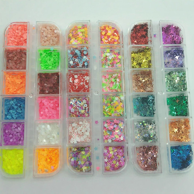 Cross-Border Wholesale Nail Art Glitter Strips Box, Three Mixed Styles, Plum Blossom 2.0 Matte Round, Plaid Four-Pointed Star, Twelve Colors