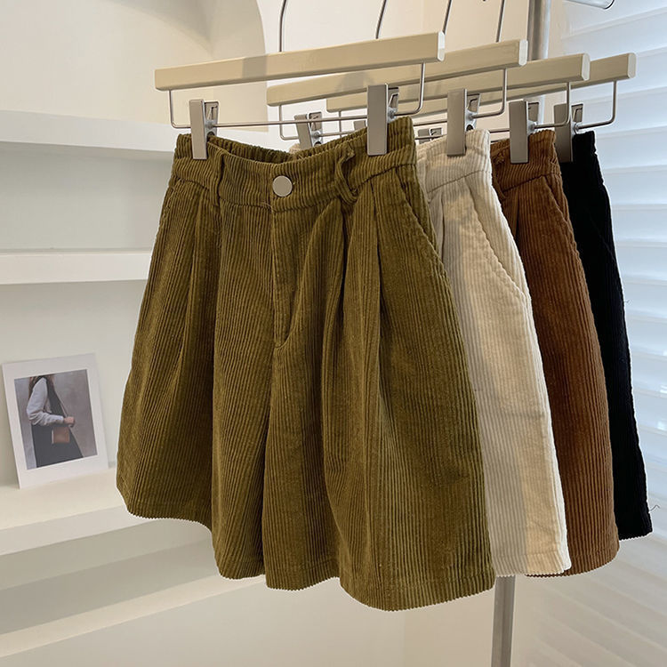 Autumn and Winter Corduroy Shorts Women's Large Size Wide Leg Pants Loose Casual Pants Elastic Waist Small Student A-Line Pants