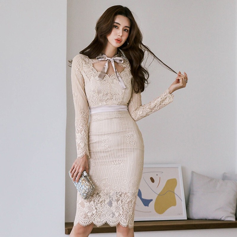 Hong Kong-style Women's Bow Lace Dress Cross-border New Style Celebrity Led Slim-fit Elegant Dress with Tight Waist