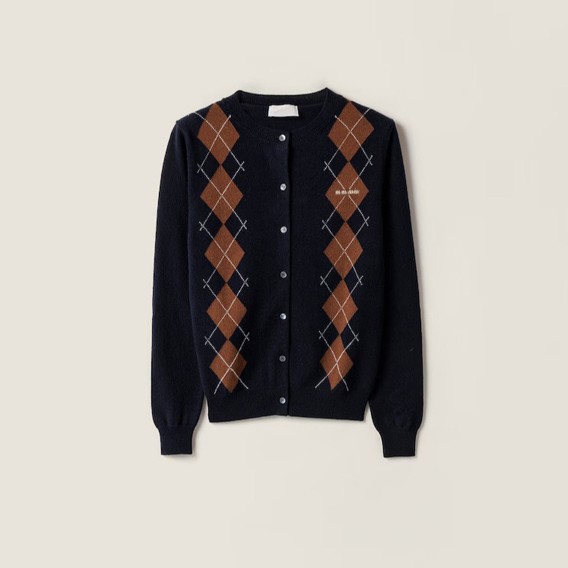 Nanyou High-Quality 2025 Early Autumn New Preppy Style Rhombus Plaid Round Neck Long-Sleeved Knitted Cardigan Sweater for Women