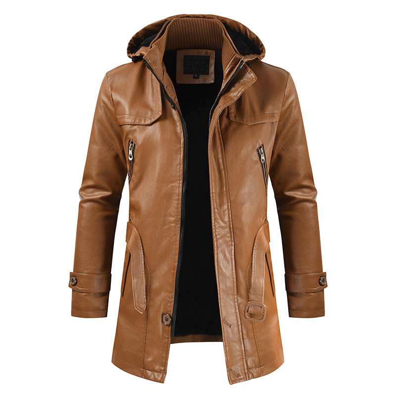 Chaqueta de Cuero para Hombre, Estilo Casual, Invierno 2024, Comercio Exterior, Chaqueta de Cuero PU con Capucha, Ajustada, Juvenil